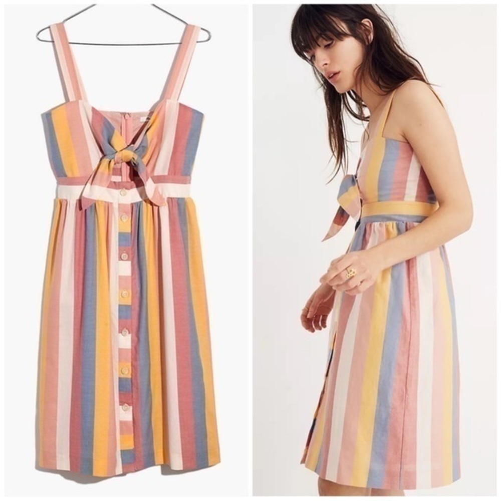 Madewell tie front cutout sherbet stripe dress. - Picture 2 of 9